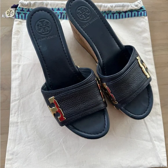 TORY BURCH Navy Leather Ines Cork Wedge Sandals - Gold Logo w/ shoe bag 9M - Picture 4 of 9